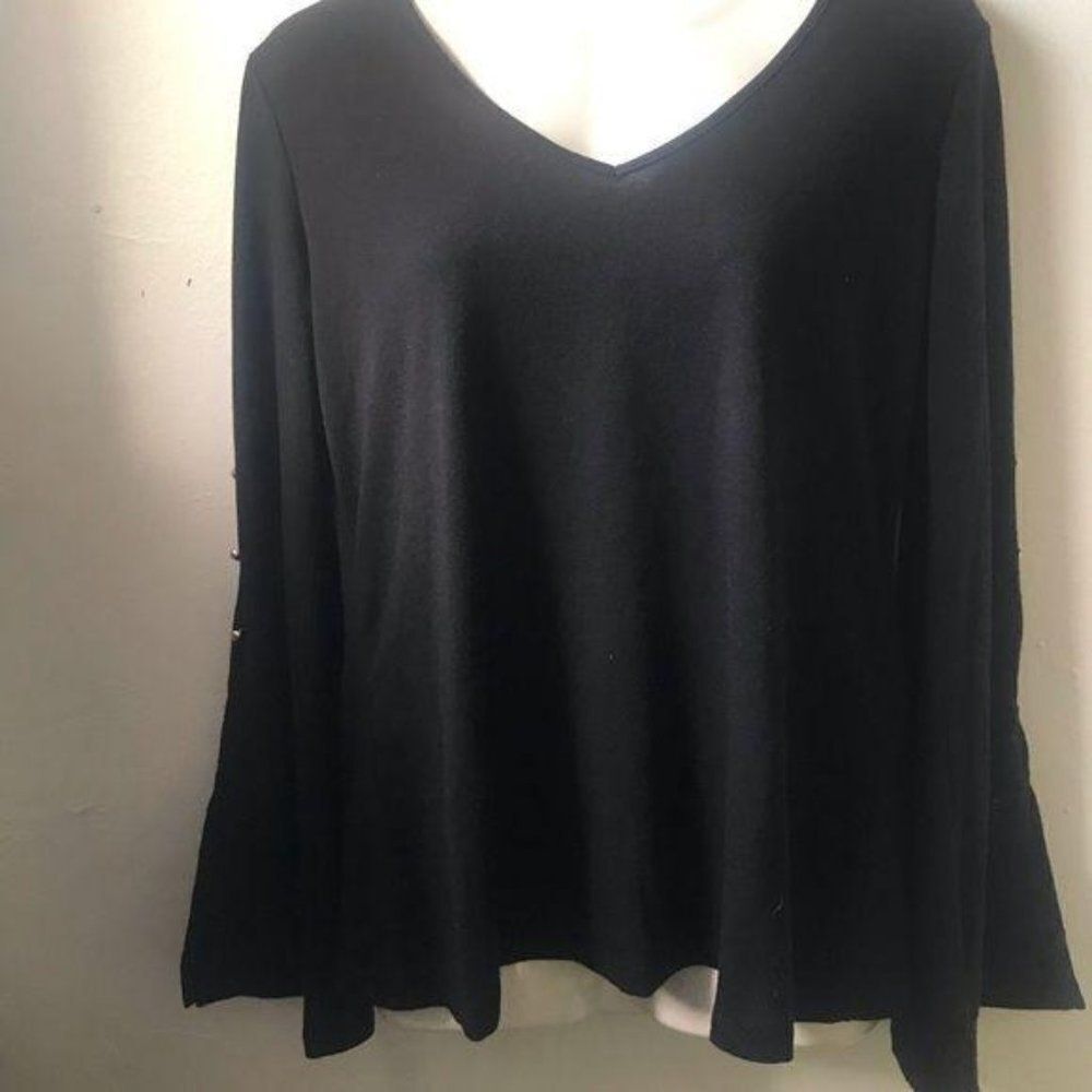Carmen Marc Valvo V Neck Gold Studded Top Black S